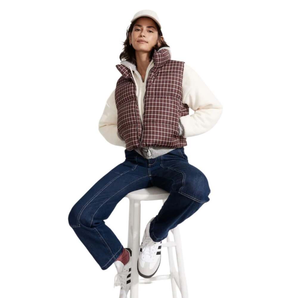 Madewell Cropped Puffer Vest in Plaid Size Medium